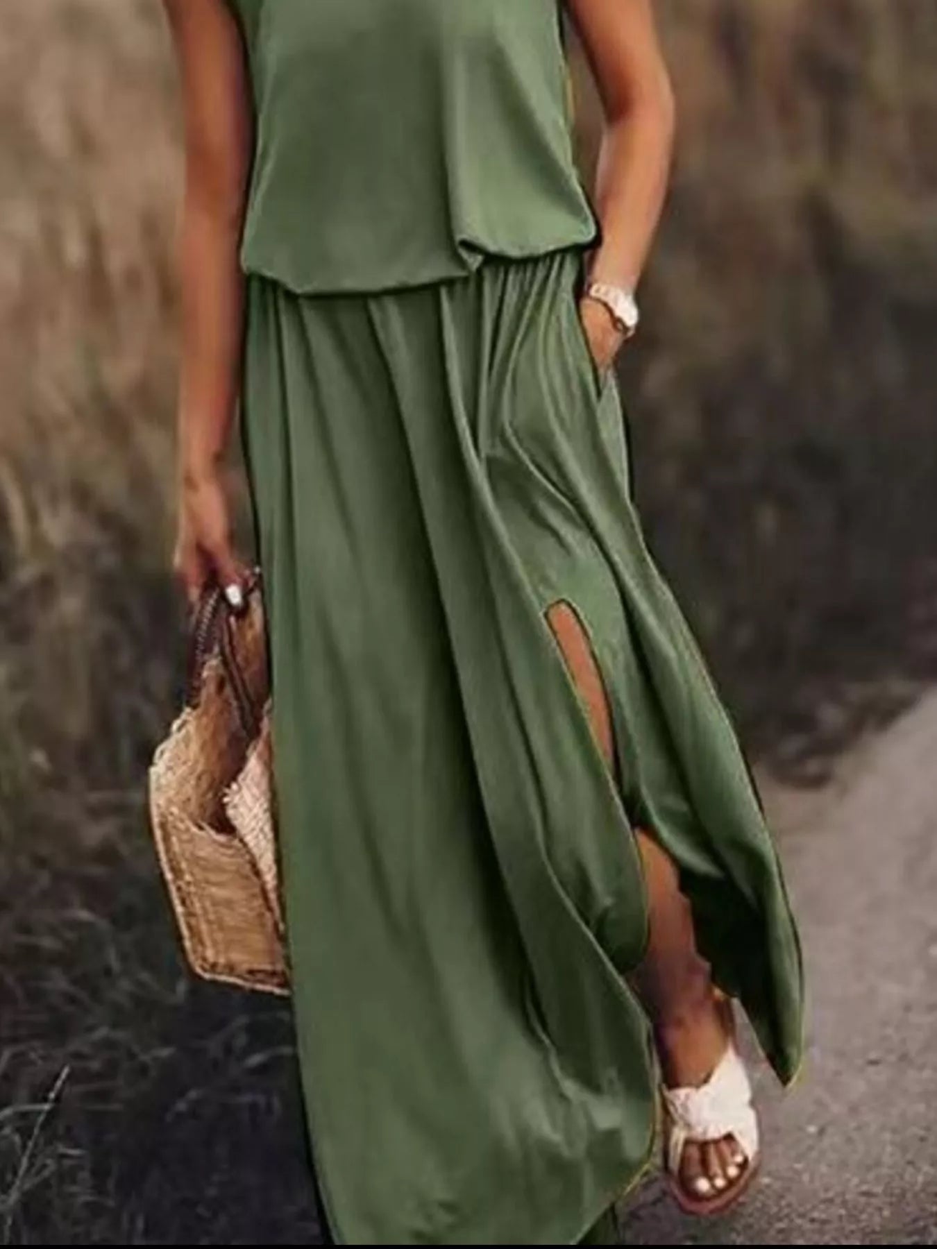 Full Size Round Neck Sleeveless Slit Maxi Dress Plus Size Fitggins