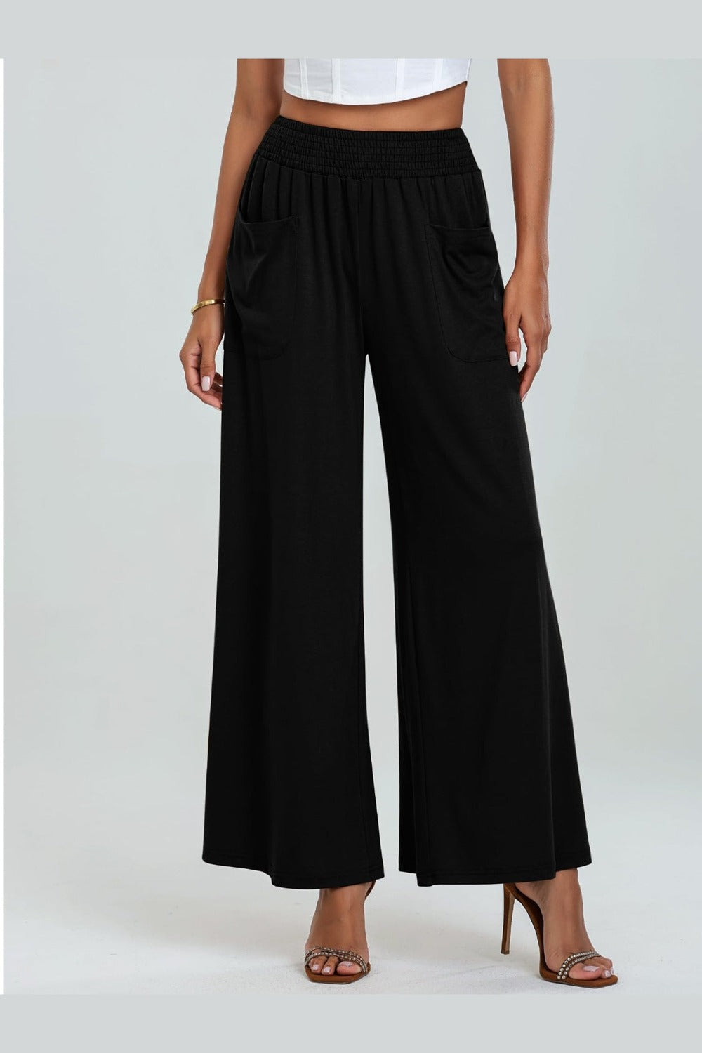 Pocketed Elastic Waist Wide Leg Pants - Pants - FITGGINS