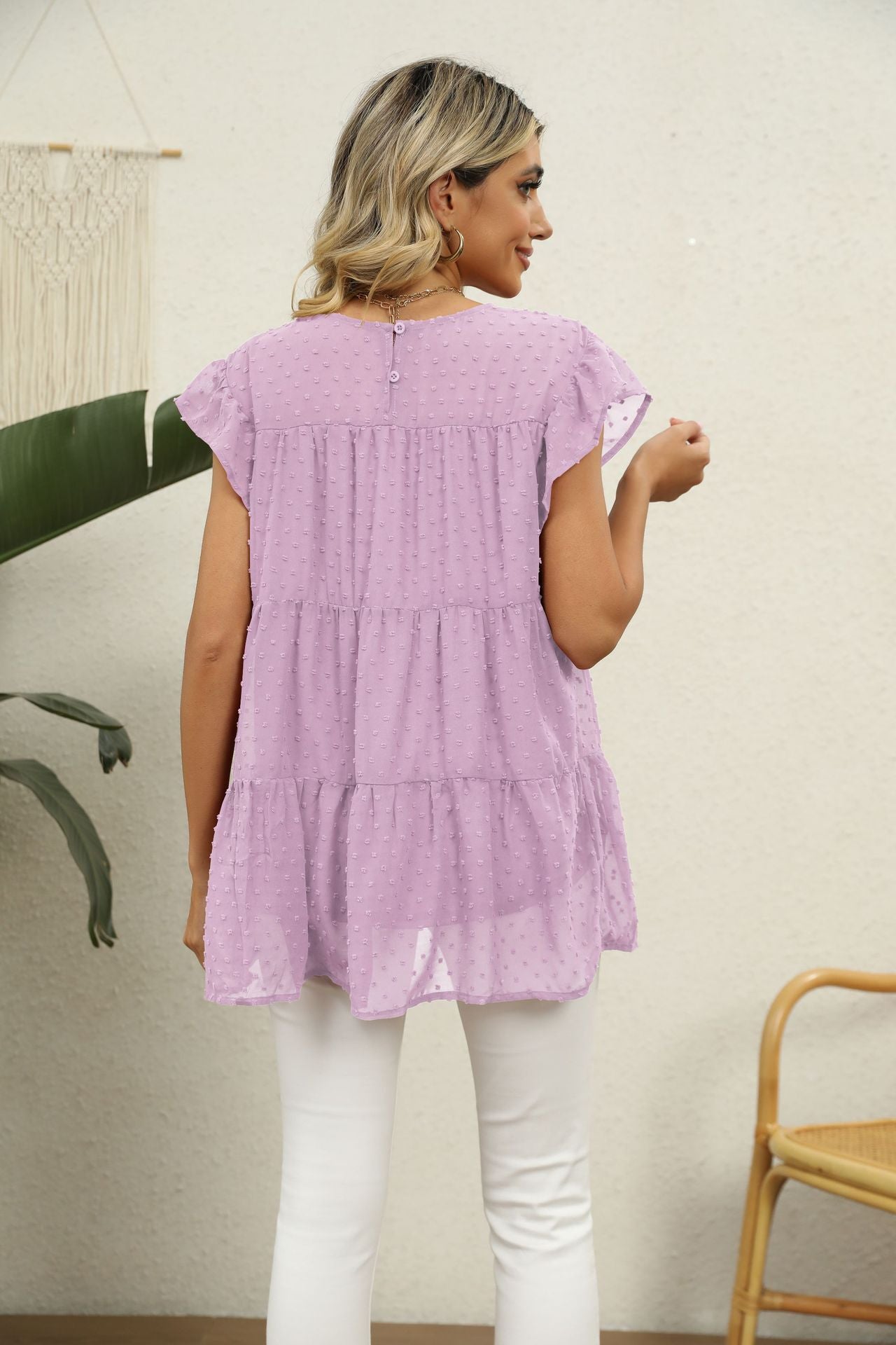 Swiss Dot Round Neck Tiered Blouse Fitggins