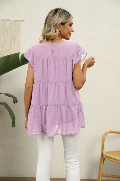 Swiss Dot Round Neck Tiered Blouse Fitggins