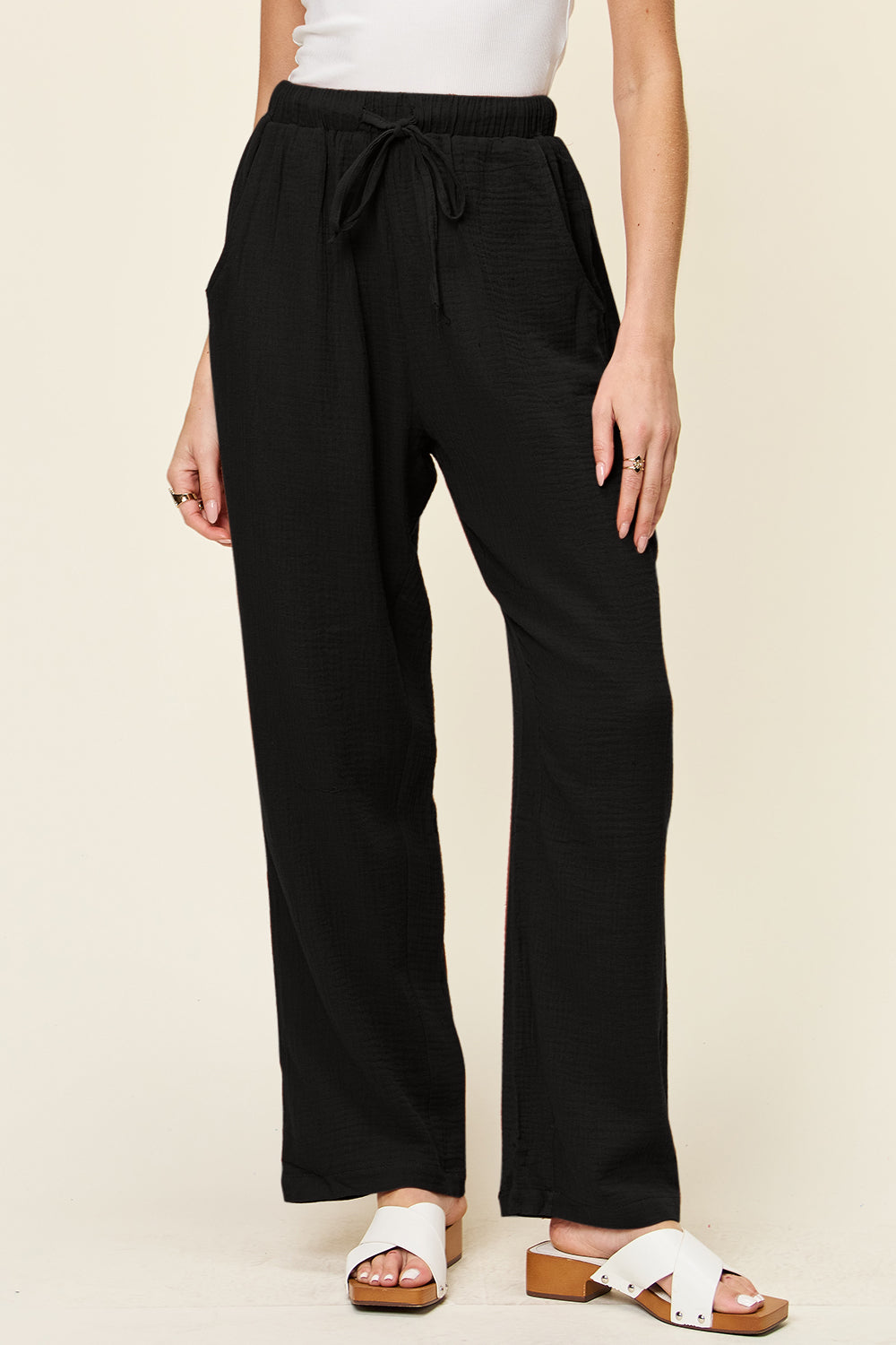 Double Take Full Size Texture Drawstring Straight Pants - Pants - FITGGINS