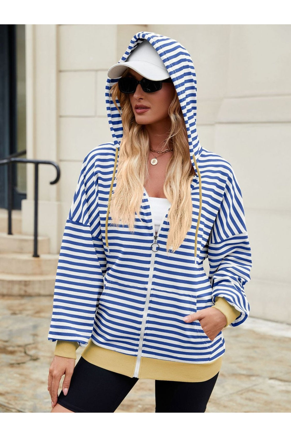 Drawstring Striped Zip Up Long Sleeve Hoodie - Sweatshirts & Hoodies - FITGGINS