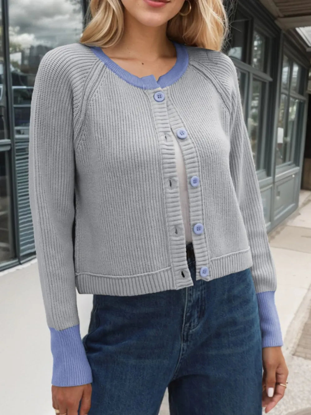 Contrast Button Up Long Sleeve Cardigan Gray Fitggins