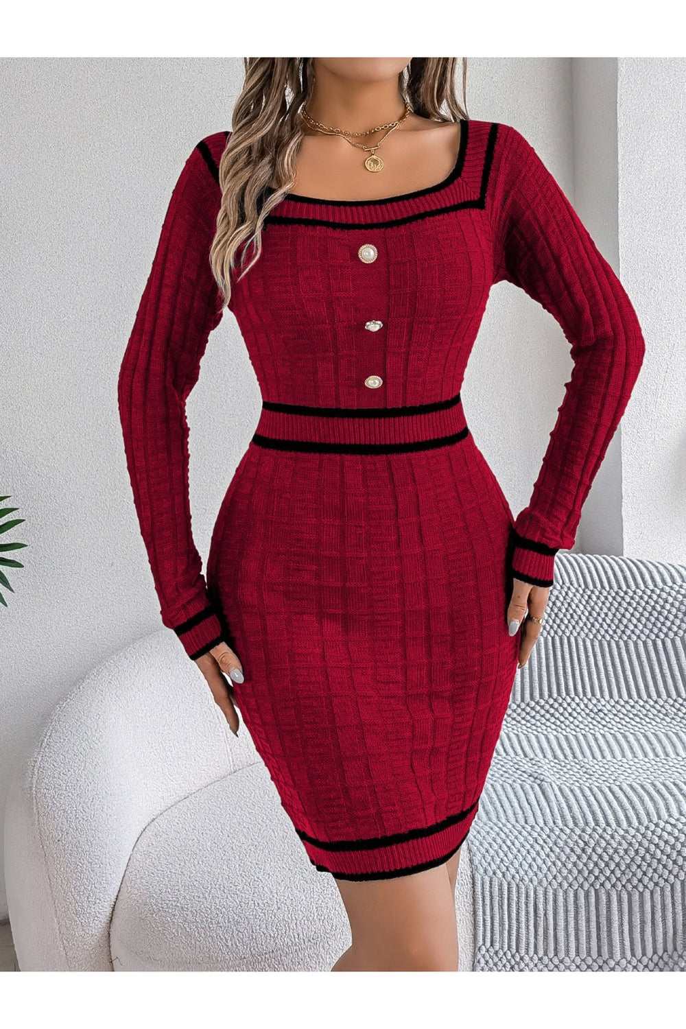 Contrast Trim Long Sleeve Sweater Dress - Sweater Dresses - FITGGINS