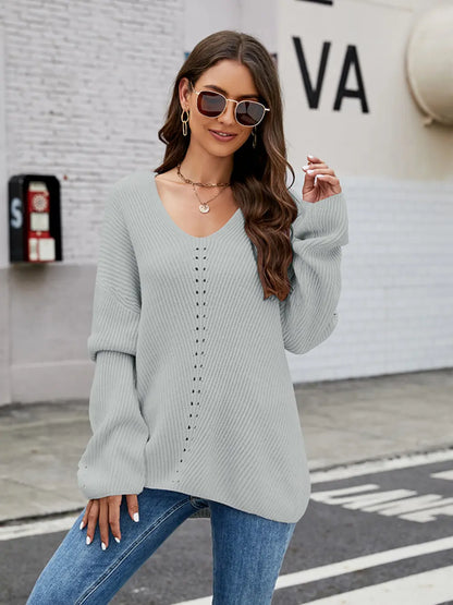 Openwork Dropped Shoulder Long Sleeve Sweater Fitggins