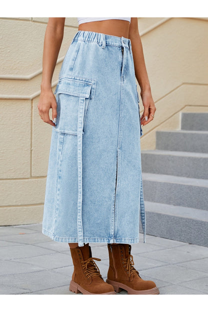 Slit Pocketed High Waist Denim Skirt - Shirts - FITGGINS