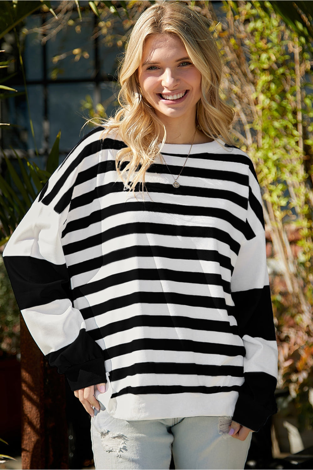 Striped Dropped Shoulder Sweatshirt - Sweatshirts & Hoodies - FITGGINS