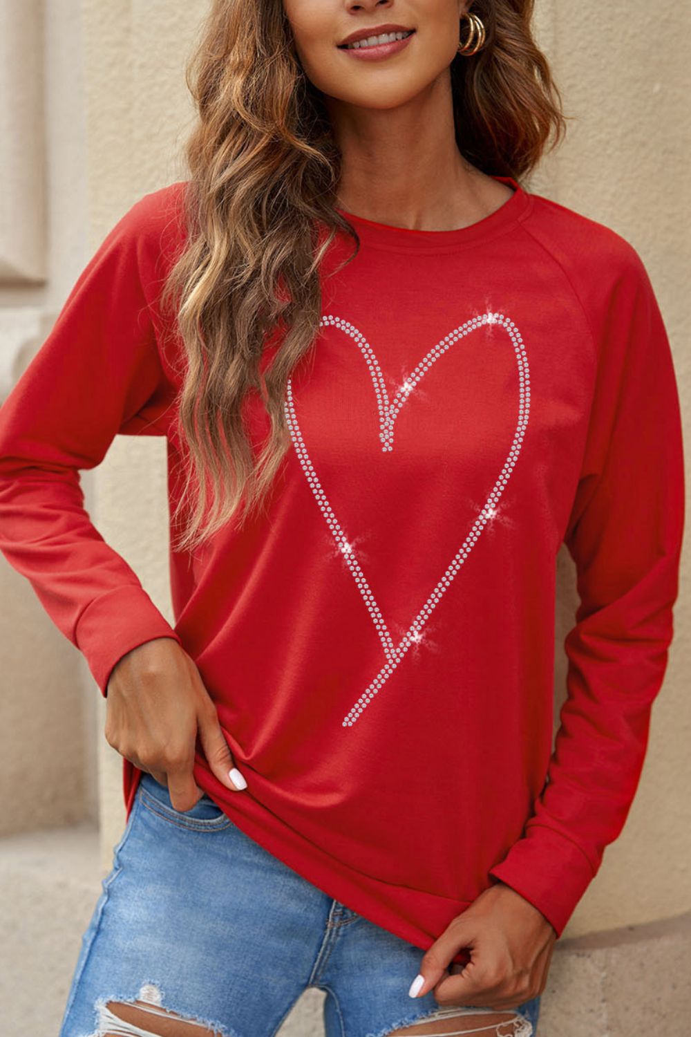 Valentine's Day Rhinestone Heart Long Sleeve Sweatshirt - Sweatshirts & Hoodies - FITGGINS