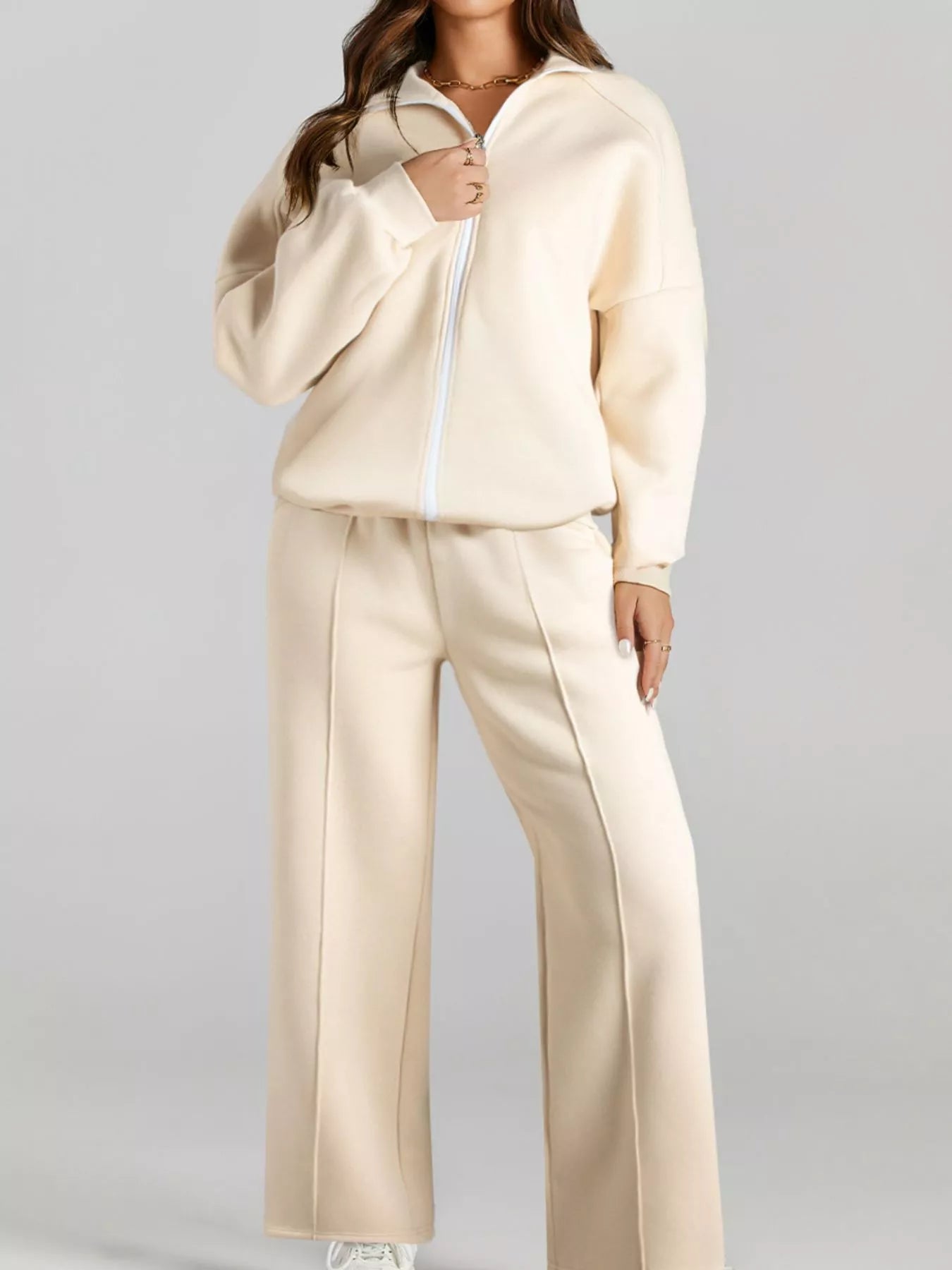 Drop Shoulder Zip Up Jacket and Drawstring Pants Active 2pcs Set Fitggins