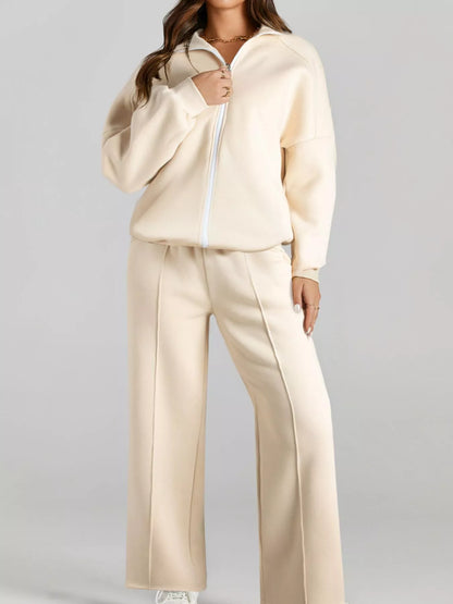 Drop Shoulder Zip Up Jacket and Drawstring Pants Active 2pcs Set Fitggins