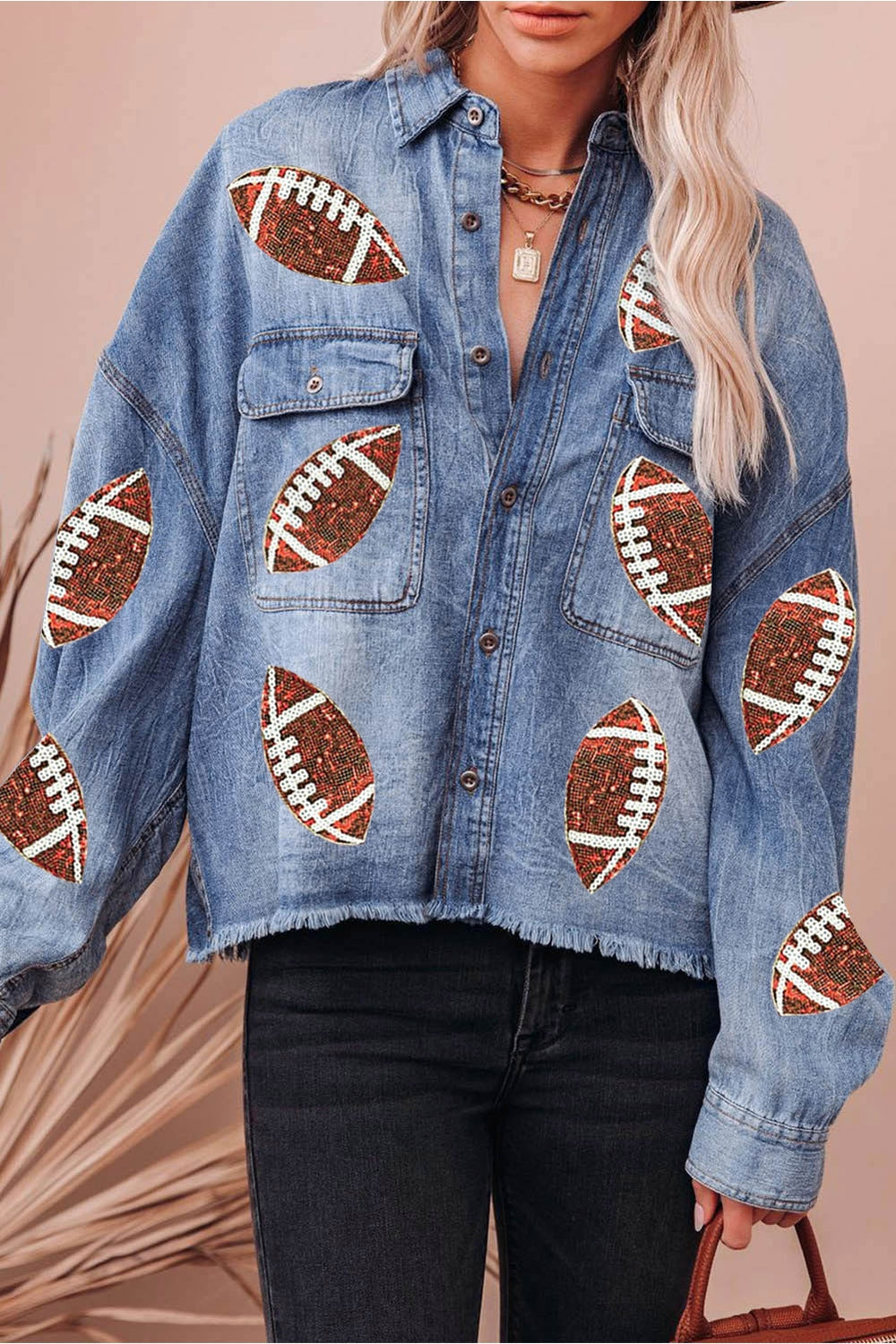 Raw Hem Sequin Football Long Sleeve Denim Jacket - Denim Jackets - FITGGINS