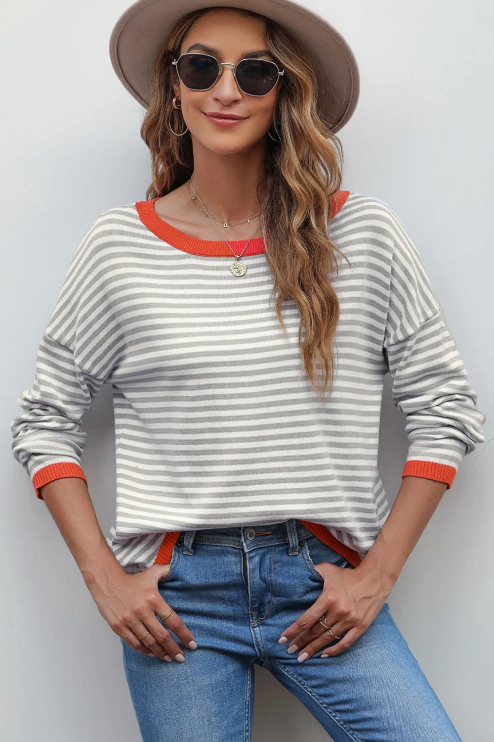 Striped Round Neck Drop Shoulder T-Shirt Fitggins