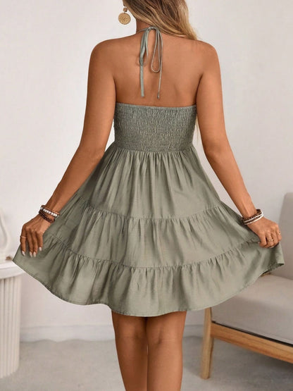 Smocked Halter Neck Tiered Dress Fitggins