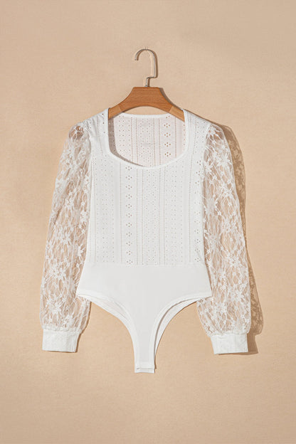 Eyelet Lace Long Sleeve Bodysuit - Bodysuit - FITGGINS