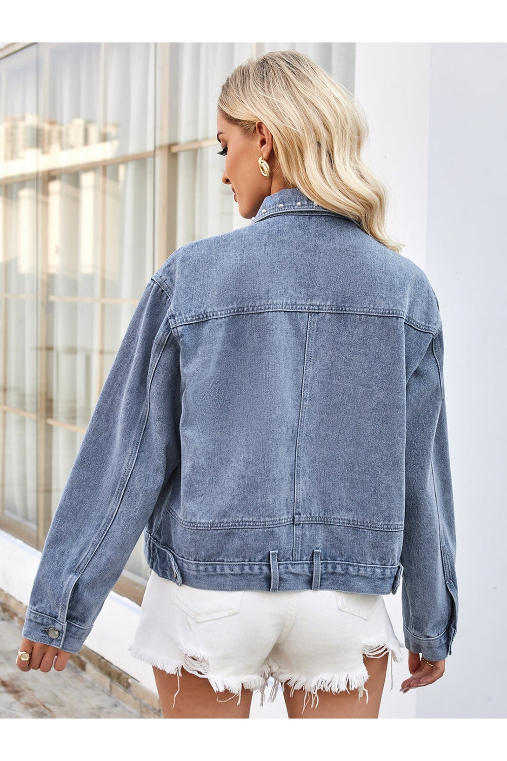 Studded Long Sleeve Denim Jacket - Denim Jackets - FITGGINS