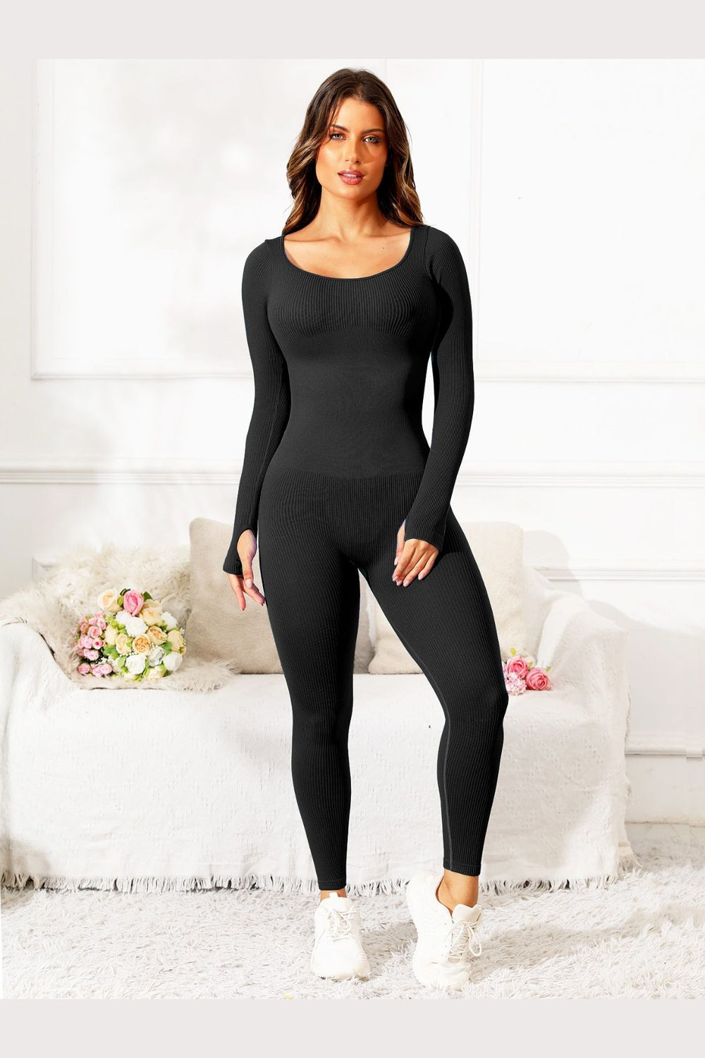 Scoop Neck Long Sleeve Active Jumpsuit - Active Set - FITGGINS