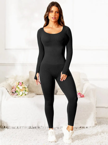 Scoop Neck Long Sleeve Active Jumpsuit Black Fitggins