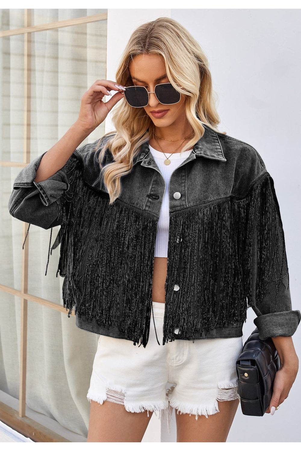 Tassel Button Up Dropped Shoulder Denim Jacket - Denim Jackets - FITGGINS