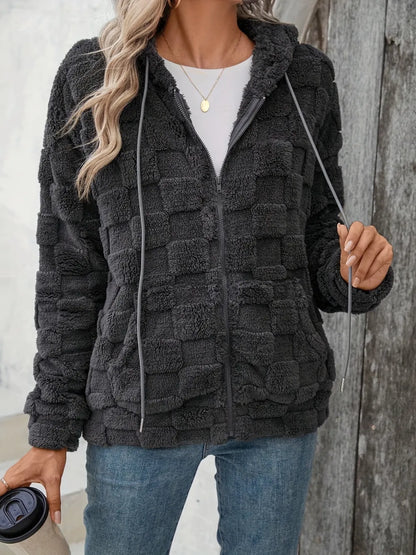 Checkered Texture Zip Up Drawstring Fuzzy Jacket Fitggins
