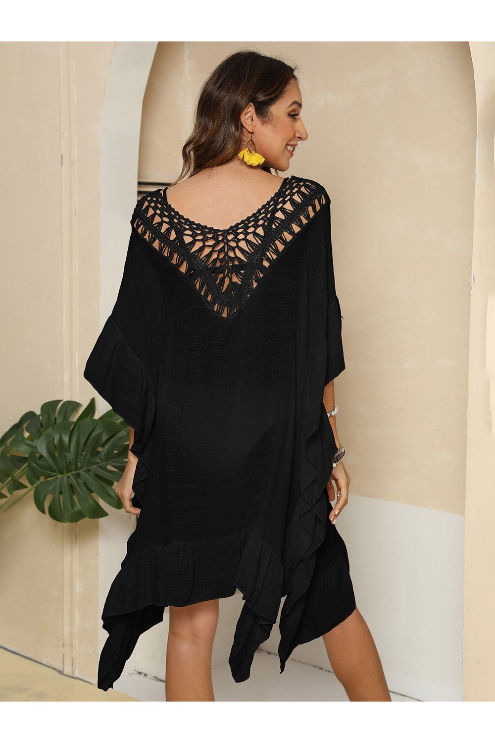 Cutout Ruffled Half Sleeve Cover-Up - Cover-Ups - FITGGINS