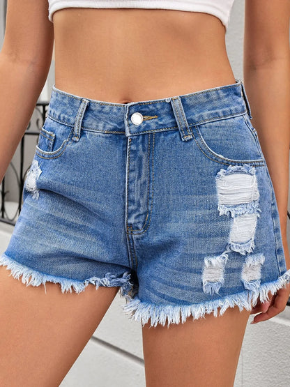 Distressed Raw Hem Denim Shorts Fitggins
