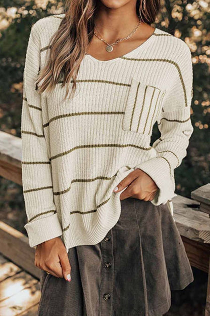 Striped V-Neck Drop Shoulder Sweater with Pocket - Pullover Sweaters - FITGGINS