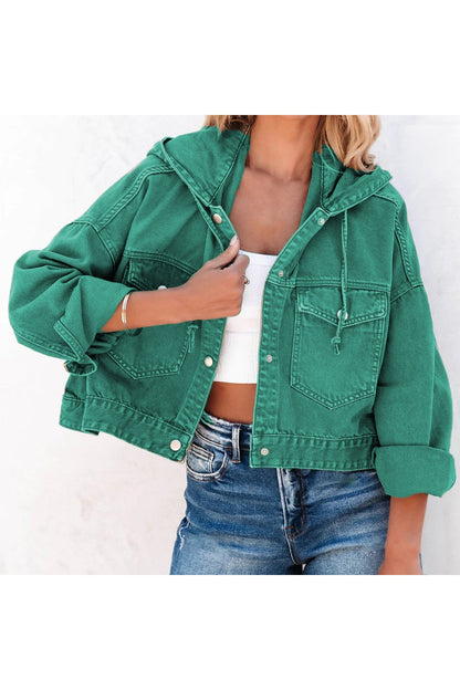 Hooded Dropped Shoulder Denim Jacket - Denim Jackets - FITGGINS