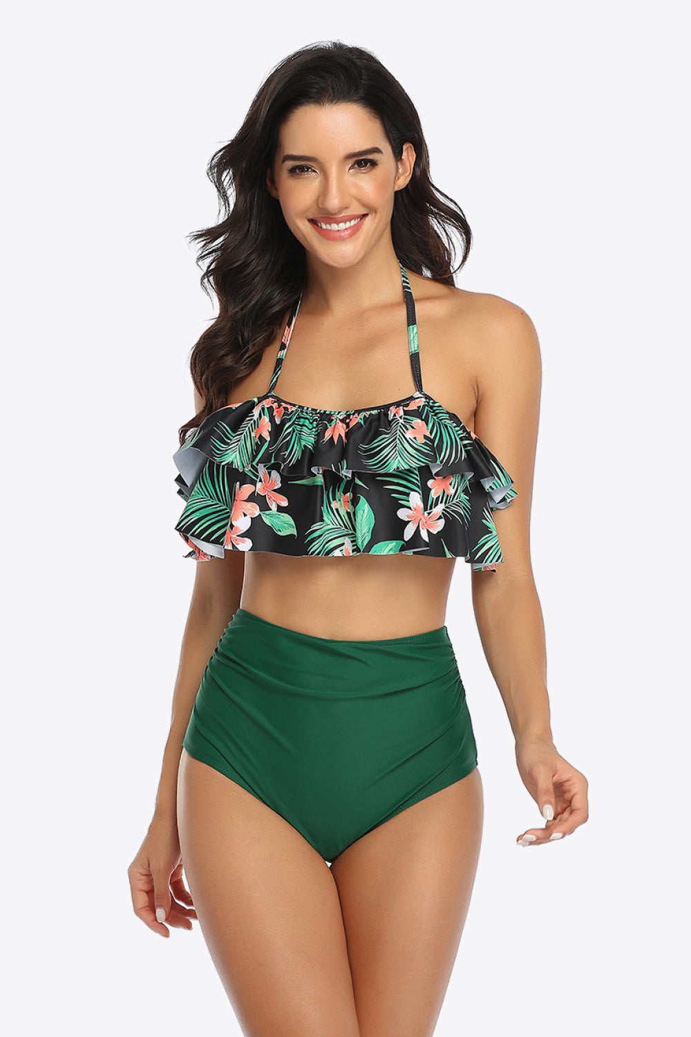 Two-Tone Ruffled Halter Neck Two-Piece Swimsuit - Bikinis & Tankinis - FITGGINS