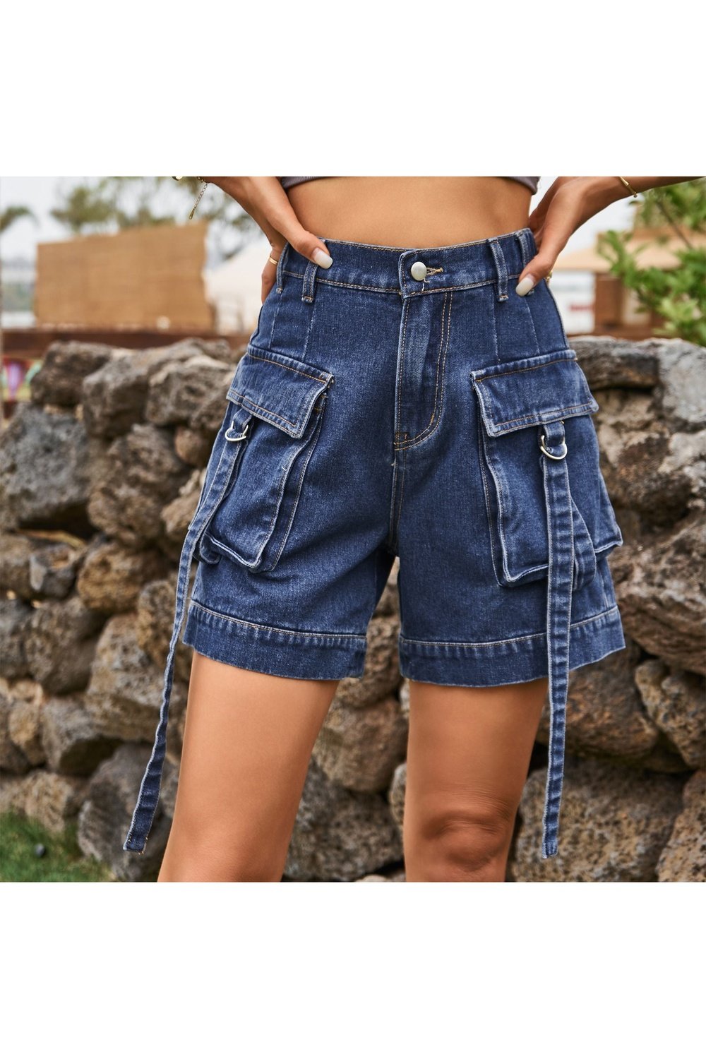 High Waist Denim Cargo Shorts - Denim Shorts - FITGGINS