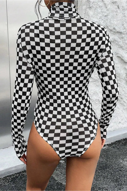 Checkered Turtleneck Long Sleeve Bodysuit - Bodysuit - FITGGINS