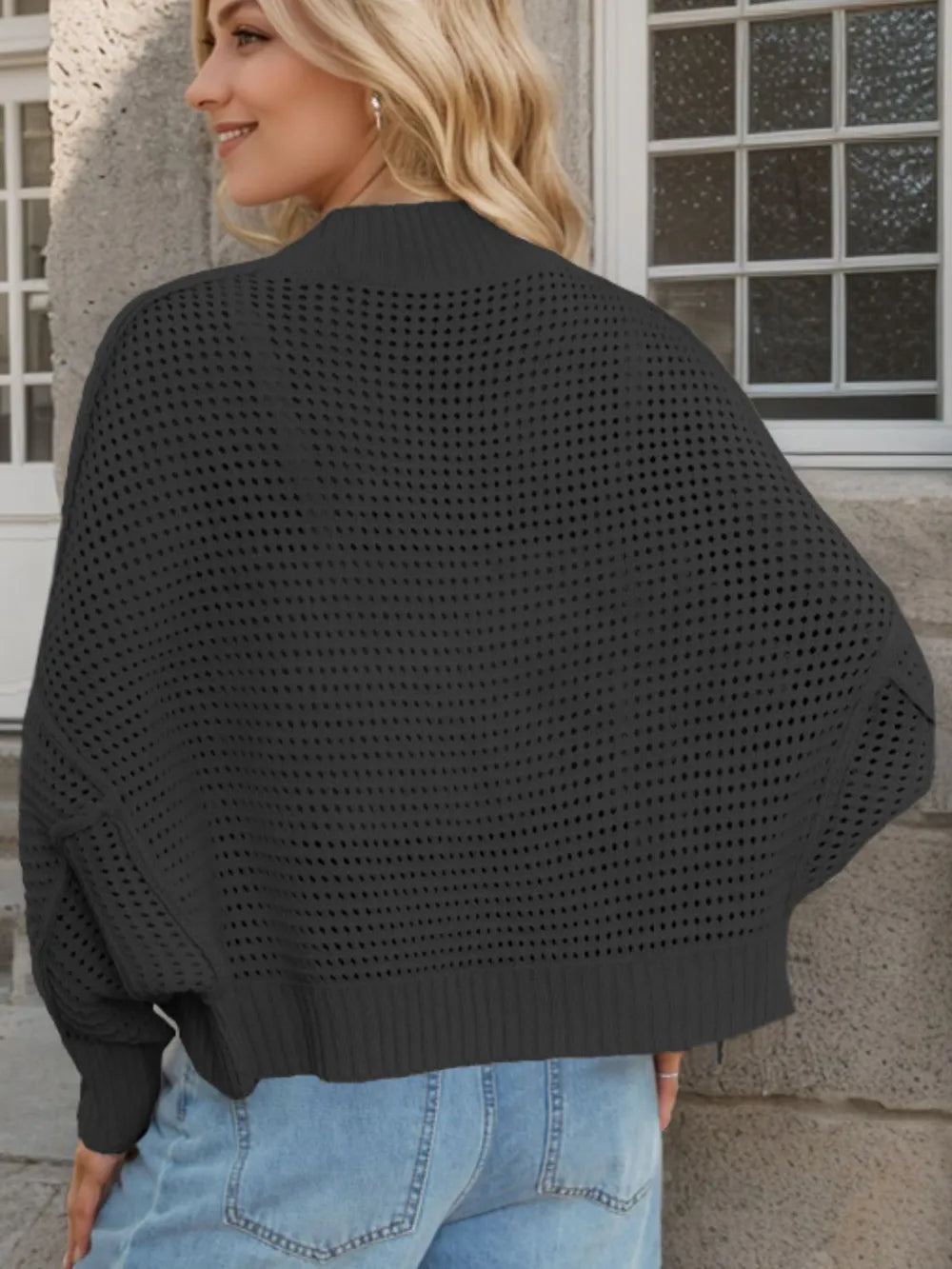 Openwork Open Front Long Sleeve Cardigan Fitggins