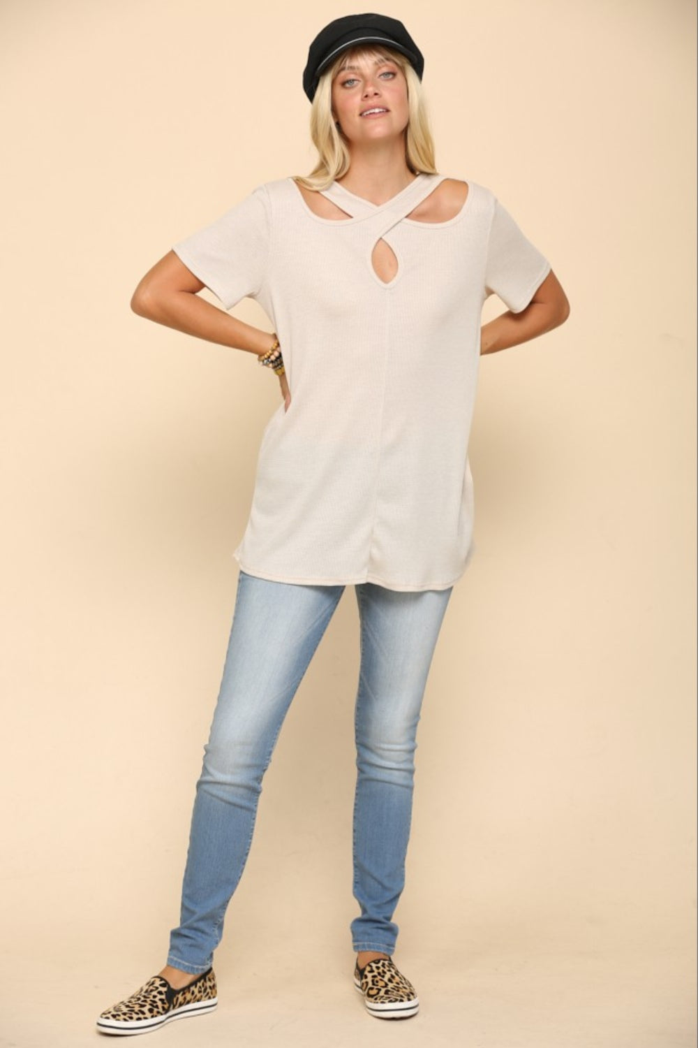 Celeste Full Size Crisscross Cutout Short Sleeve T-Shirt - T-Shirts - FITGGINS