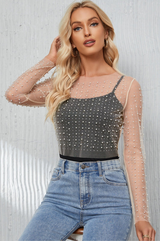 Pearl Long Sleeve Mesh Cropped Top - Blouses - FITGGINS