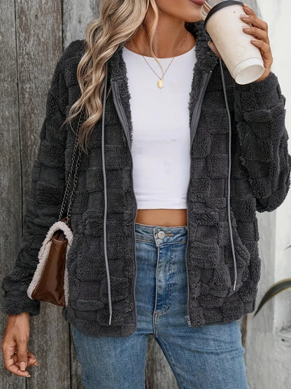Checkered Texture Zip Up Drawstring Fuzzy Jacket Fitggins