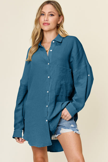 Double Take Full Size Pocketed Texture Button Up Shirt - Shirts - FITGGINS