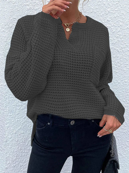 Notched Long Sleeve Sweater Charcoal Fitggins