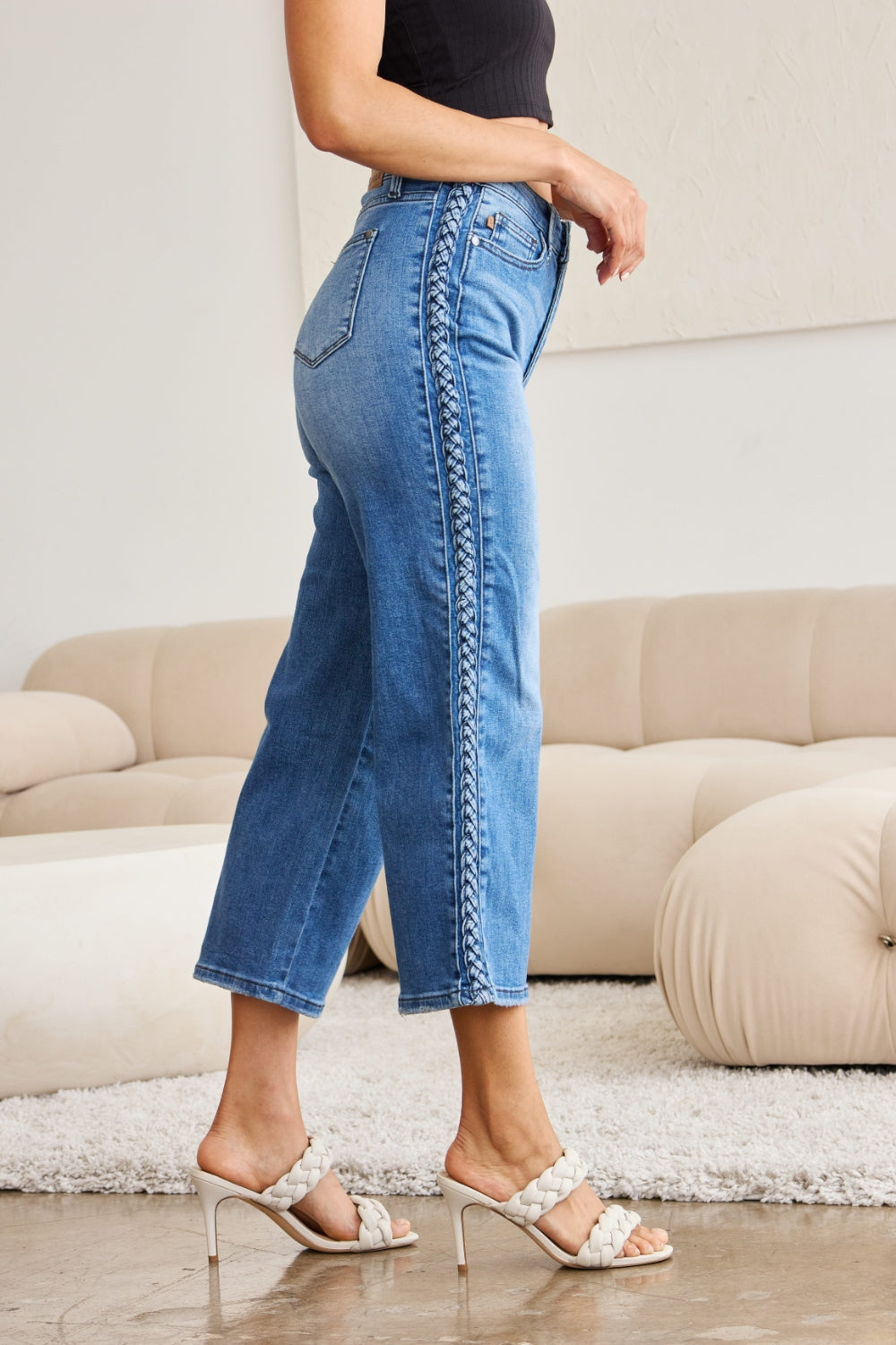 Judy Blue Full Size Braid Side Detail Wide Leg Jeans - Jeans - FITGGINS