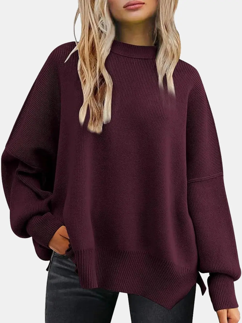 Round Neck Drop Shoulder Slit Sweater Wine Fitggins