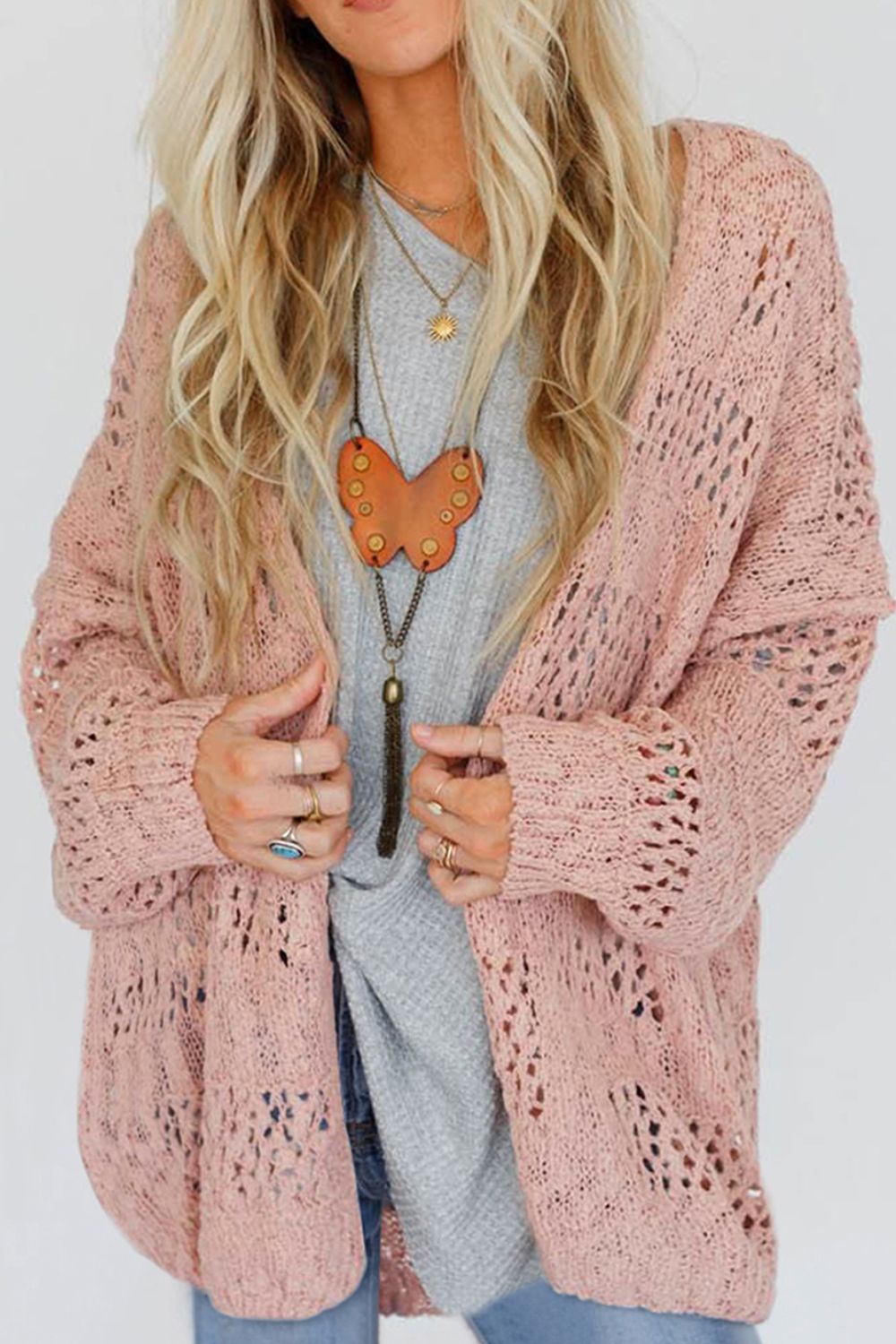 Openwork Open Front Long Sleeve Cardigan - Cardigans - FITGGINS