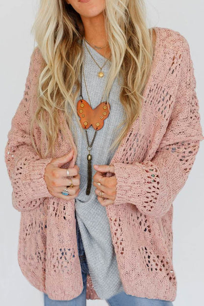 Openwork Open Front Long Sleeve Cardigan - Cardigans - FITGGINS