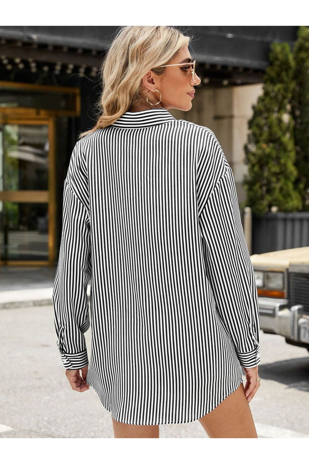 Pocketed Striped Collared Neck Long Sleeve Shirt - Shirts - FITGGINS