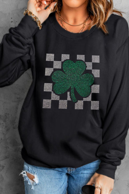 Rhinestone Checkered Lucky Clover Round Neck Sweatshirt - Sweatshirts & Hoodies - FITGGINS