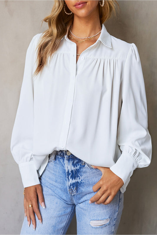 Gathered Detail Puff Sleeve Shirt - Shirts - FITGGINS