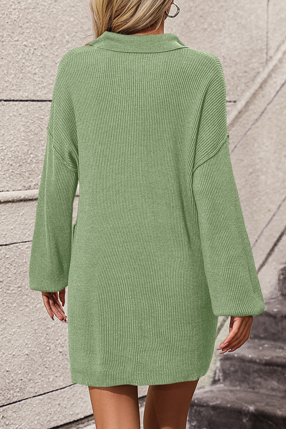 Collared Neck Long Sleeve Sweater Dress with Pockets - Sweater Dresses - FITGGINS