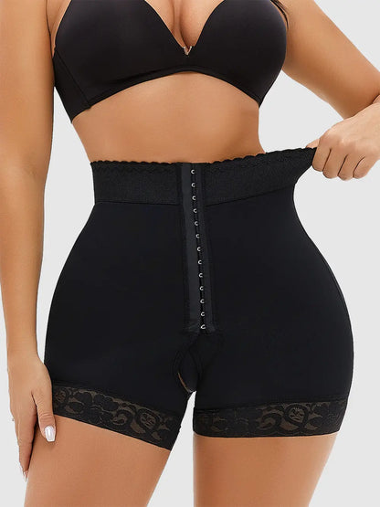 Full Size Lace Detail Hook-and-Eye Shaping Shorts Black Fitggins