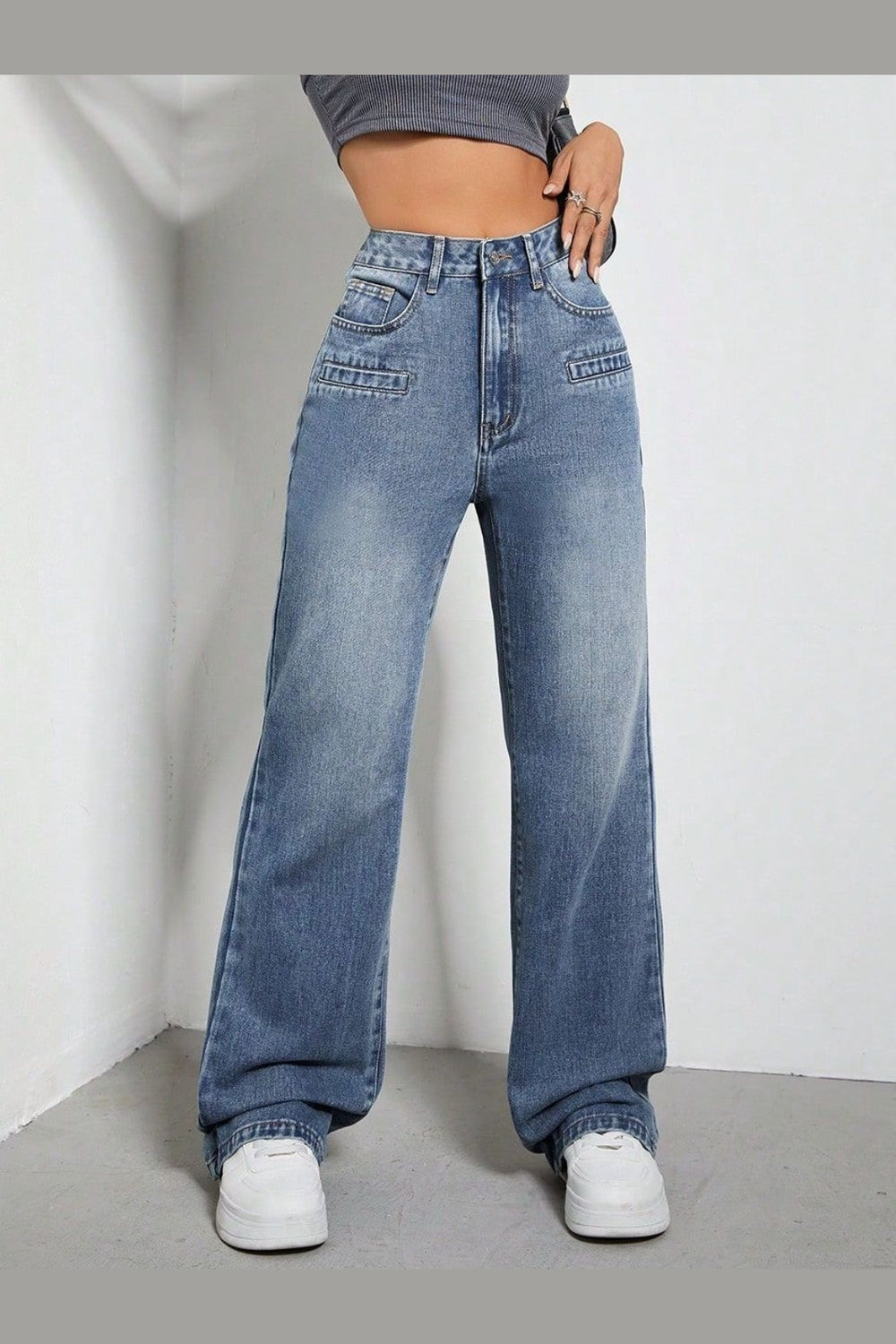 High Rise Wide Leg Jeans with Pockets - Jeans - FITGGINS