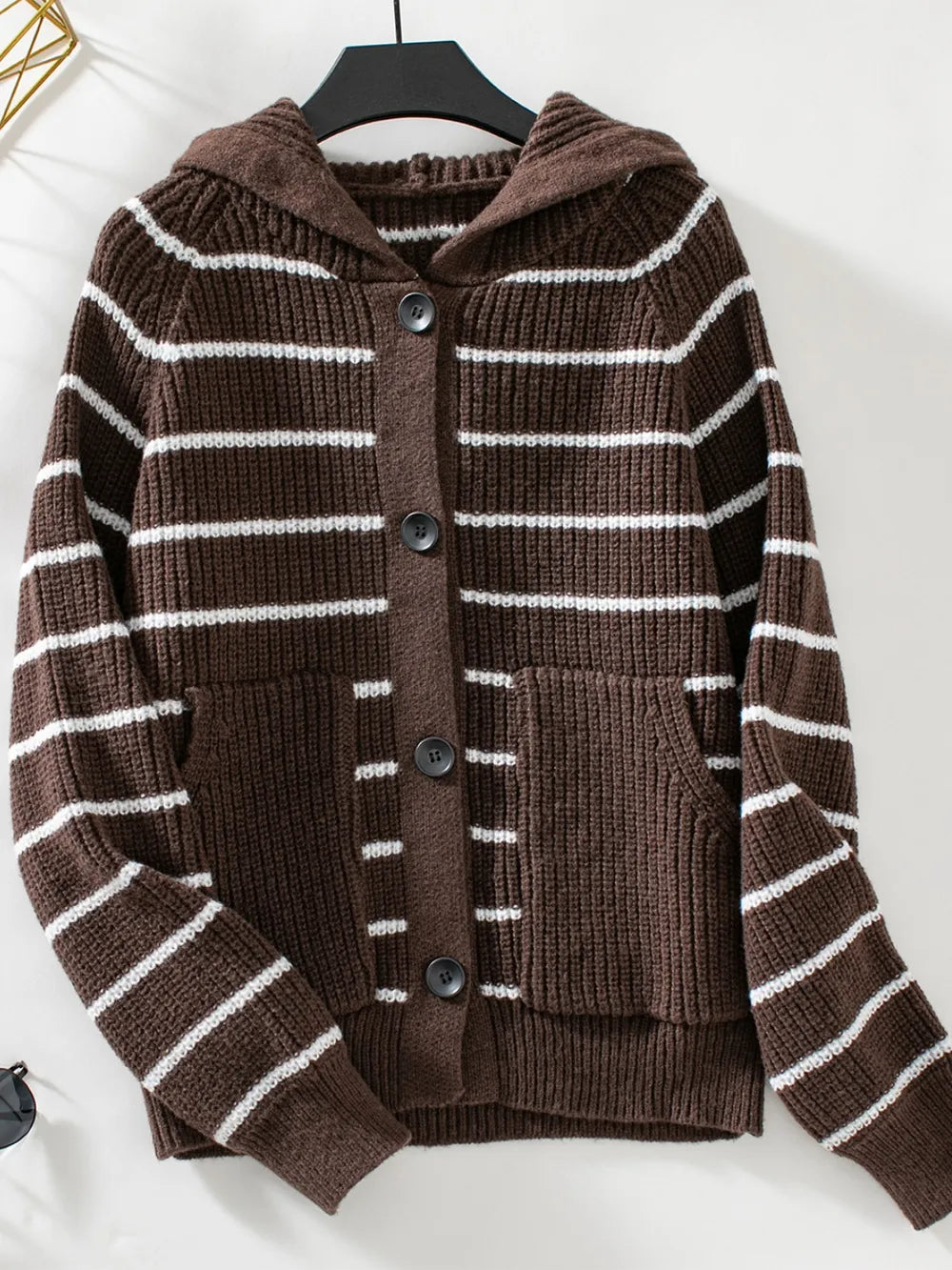 Striped Button Up Long Sleeve Hooded Cardigan Chocolate Fitggins