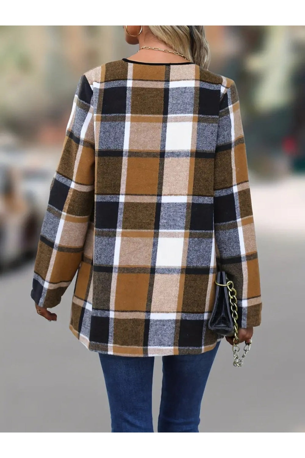 Plaid Open Front Long Sleeve Jacket - Jackets - FITGGINS