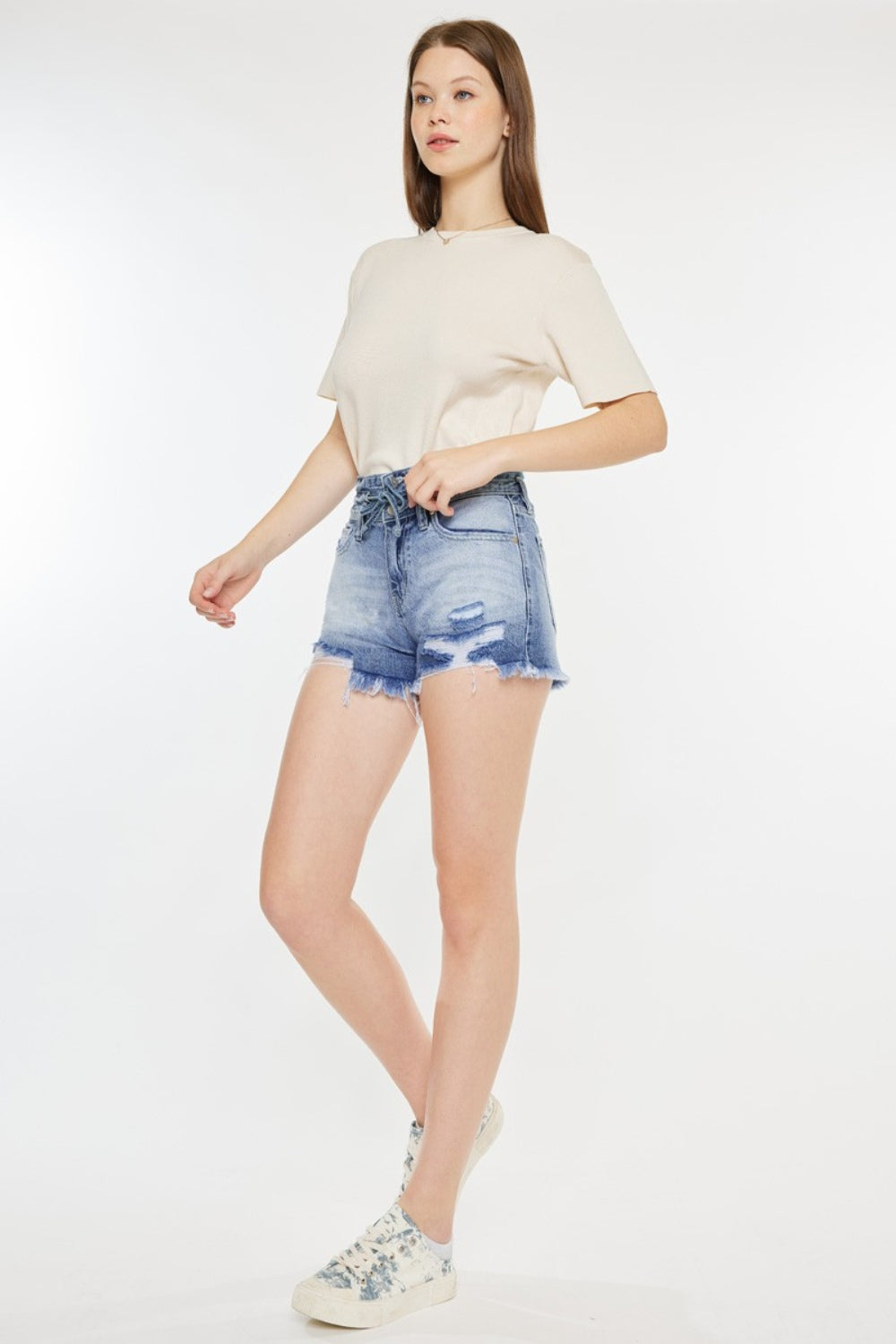 Kancan High Rise Frayed Hem Denim Shorts - Denim Shorts - FITGGINS