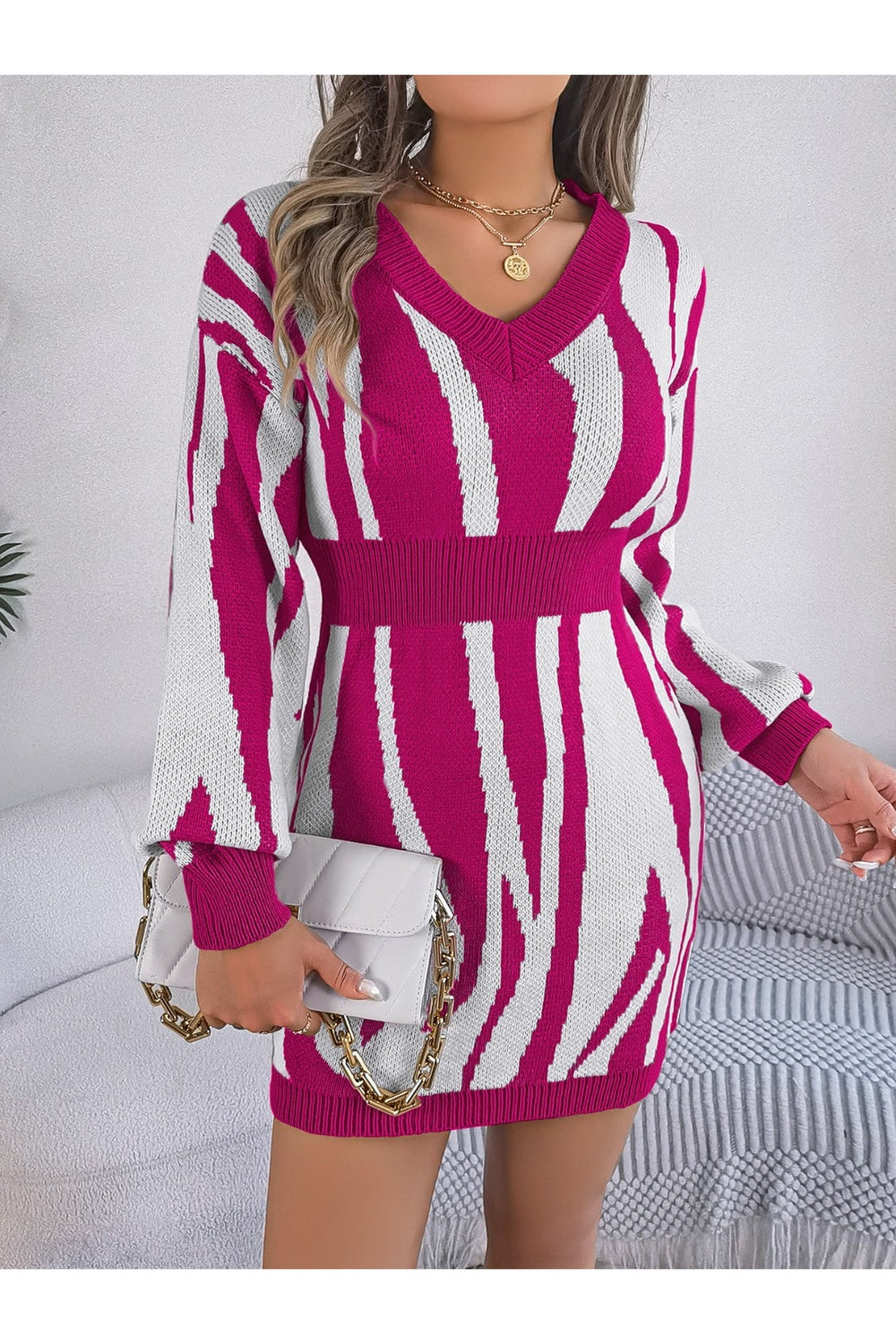 Animal Print V-Neck Long Sleeve Sweater Dress - Sweater Dresses - FITGGINS